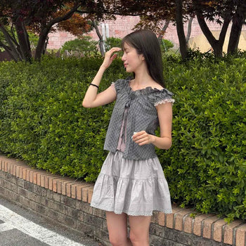 Frill Ribbon Check Cap Sleeve Loose Fit Blouse