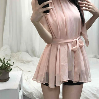 Shirred A-Line Chiffon Tie Blouse