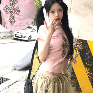 Aika Y2K Hip Gyaru Pink Leopard Print Cross Short Sleeve