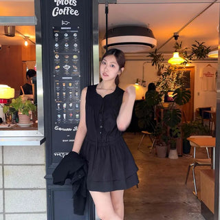 A-line Plain Button Pinton Sleeveless Mini Dress