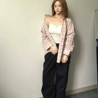 Leuki Button-Down Oversized Check Long Sleeve Shirt