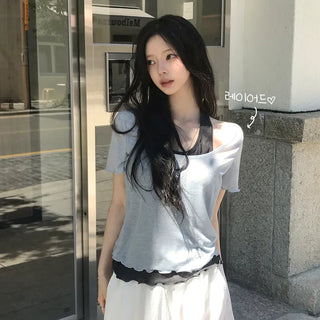 Loose Delicate Fit, One-piece Halter Neck Layered Wavy Delicate Slim Fit Short Sleeve T-shirt