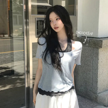 Loose Delicate Fit, One-piece Halter Neck Layered Wavy Delicate Slim Fit Short Sleeve T-shirt