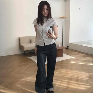 Loose-fit Button Bootcut Flare Daily Long Pants