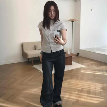 Loose-fit Button Bootcut Flare Daily Long Pants