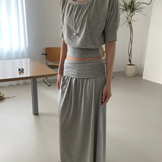 Nova Shirred Elastic Waist Asymmetrical Off-cut 7/8 Sleeve T-shirt