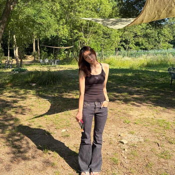 Washed Button Zipper Flare Bootcut Daily Long Pants