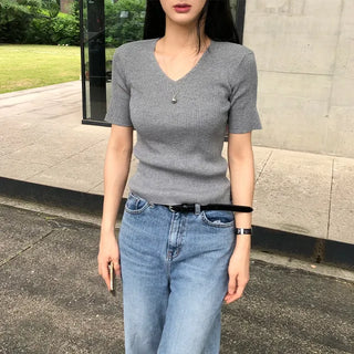 Bring V-neck Ribbed Linen T-shirt