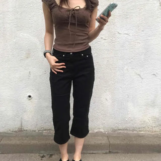 Shirred Ribbon Eyelet Strap Cap Sleeve Blouse