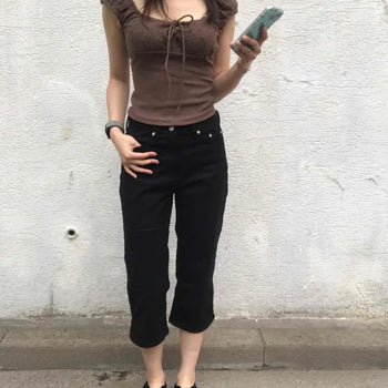 Shirred Ribbon Eyelet Strap Cap Sleeve Blouse