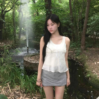 Relaxed Fit Shirred Ribbon String Sleeveless Blouse