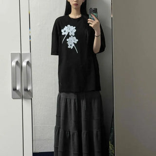 Loose Fit Shirred String Tiered A-Line Long Skirt