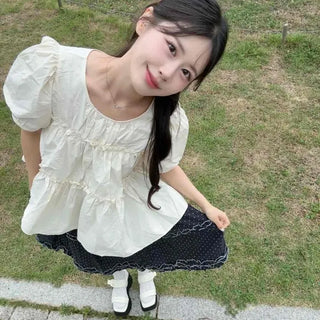 Loose Fit Plain Shirred Tiered Daily Blouse