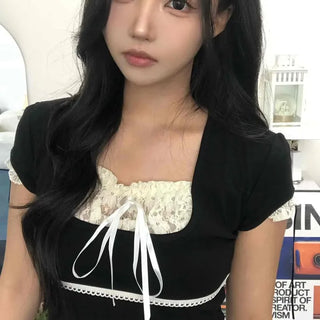 Slim Fit Contrast Color Shirred Frill Ribbon Short Sleeve T-shirt