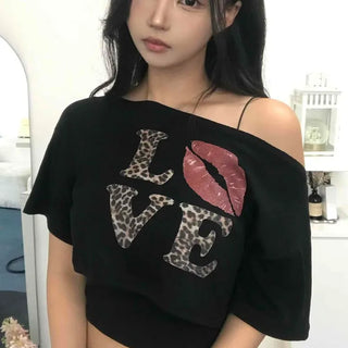 Oversized Lettering Graphic Off-Shoulder Short Sleeve T-Shirt