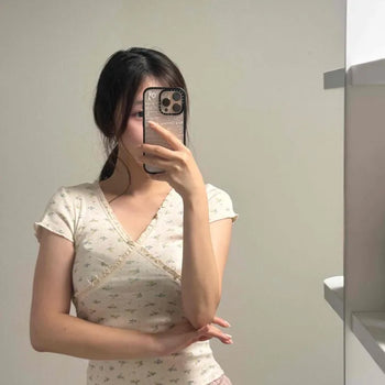 Flower Wrap Slim Fit Cap Sleeve Daily Short Sleeve T-shirt