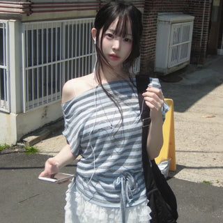 Doen Striped One-Shoulder Wrap Short Sleeve