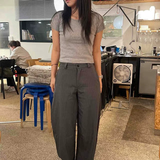 Wide-fit Striped Button Flap Pocket Daily Slacks