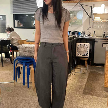 Wide-fit Striped Button Flap Pocket Daily Slacks