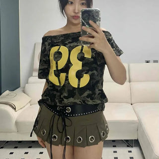 String Camo Numbering Loose Fit Daily Short Sleeve T-shirt