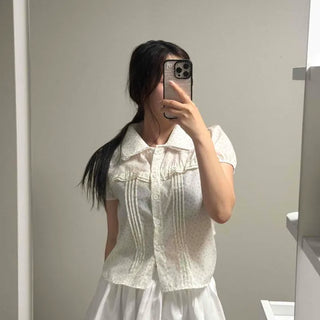 Pintuck Frill Dot Button-Down Short Sleeve Blouse
