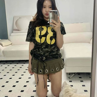 Eyelet Stud Pleated Punk Mini Skirt