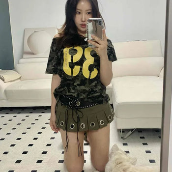 Eyelet Stud Pleated Punk Mini Skirt