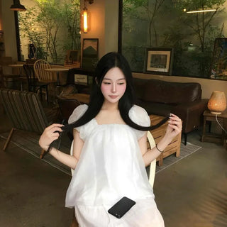 Loose-fit Shirred A-line Plain Short-sleeved Blouse