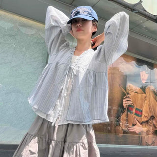 Frill Shirred Striped A-Line Long Sleeve Blouse