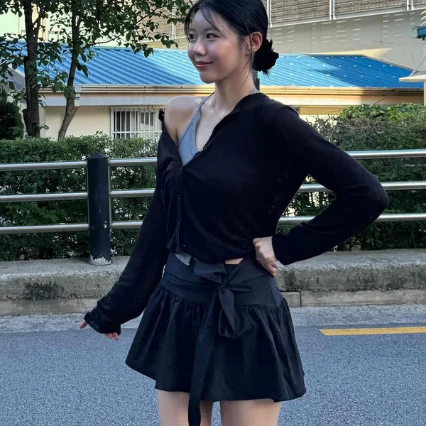 Ribbon Shirred Flare A-Line Daily Mini Skirt