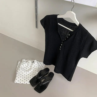 Delicate◈Henry Neck Button Short Sleeve Knit T-shirt V-Neck Button Transitional Layered Slim Fit Top