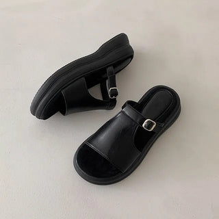 ◈5cm Platform Mule Slippers Platform Heel Height-Increasing Buckle Casual Strap Daily Suede Leather All-Season Shoes