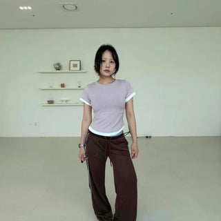 LUR String Color Block Wide Loose Fit Daily Long Pants