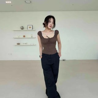 Shirred Eyelet Ribbon Frill Strap Slim Fit Blouse