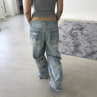 Rough Damaged Wide Denim Pants / Light Wash Denim / Casual / Damaged