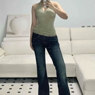 Washed Button Zipper Bootcut Casual Long Pants