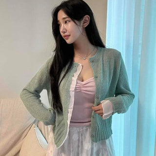 Luon Frill Button Down Regular Fit Plain Long Sleeve Cardigan