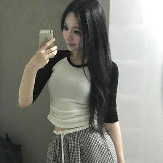 Slim Fit Color Block Raglan Plain Short Sleeve T-shirt