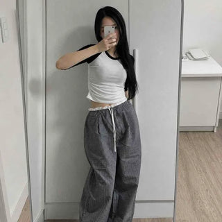 Loose Fit Check String Wide Daily Long Pants