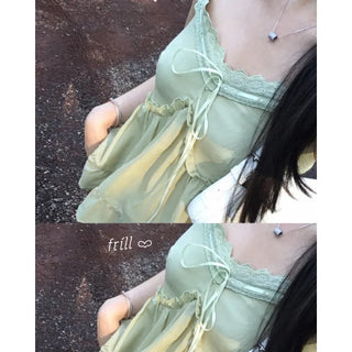Jeju Island Outfit* Pomel Frill Sleeveless Blouse