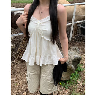 Jeju Island Outfit* Pomel Frill Sleeveless Blouse