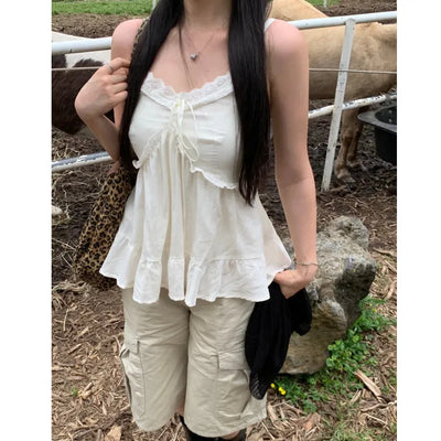 Jeju Island Outfit* Pomel Frill Sleeveless Blouse