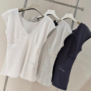 Pinter-style/Melville-style Theater Deep V-neck Cap Sleeve T-shirt 3 Colors / Amazingly, the moment you put it on, you look  slimmer -2kg