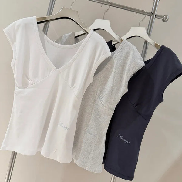Pinter-style/Melville-style Theater Deep V-neck Cap Sleeve T-shirt 3 Colors / Amazingly, the moment you put it on, you look  slimmer -2kg