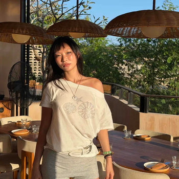 Loose Fit Graphic Stone Off-Shoulder Short Sleeve T-Shirt