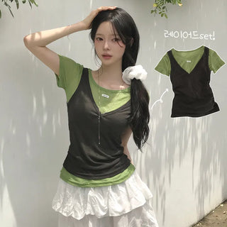 Guaranteed Beauty, Label Patch Color Block Ribbed Sleeveless Layered Delicate Slim Fit Short Sleeve T-shirt Set