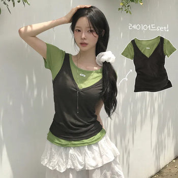 Guaranteed Beauty, Label Patch Color Block Ribbed Sleeveless Layered Delicate Slim Fit Short Sleeve T-shirt Set