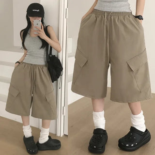 Loose Wide Fit, Elastic Waist Pintuck Cargo Bermuda Shorts