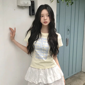 *Lemon Core* Butter Color Round Neck Lettering Delicate Fit Short Sleeve T-shirt