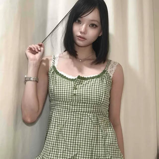 Frill Shirred Gingham Check Strap Sleeveless